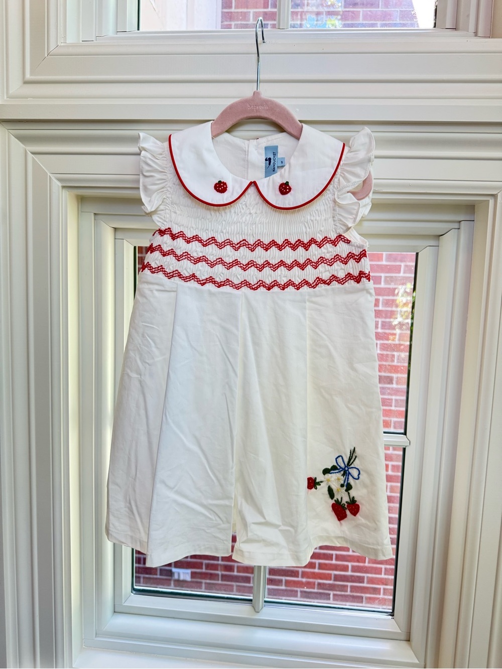 White Smocked Girls' Dress with Red Trim and Cherry Embroidery